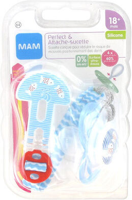 MAM Kit Perfect & Attache Sucette Silicone +18m Poisson Bleu