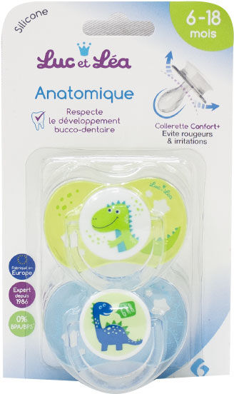 Luc et Léa Sucette Silicone Anatomique Edition Limitée Duo Dino 6-18mois