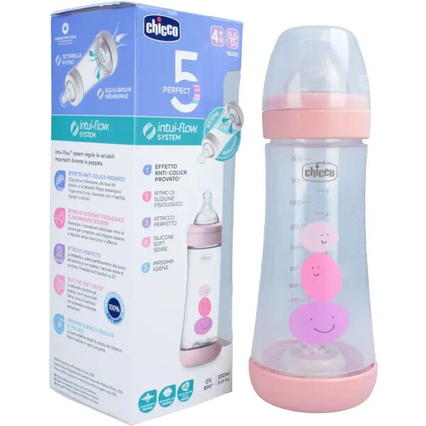 chicco biberon perfect 5 flusso veloce in silicone girl +4 mesi 300 ml