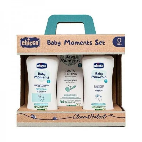 chicco baby moments set bagnoschiuma 200ml + shampoo 200ml + pasta cambio 100ml
