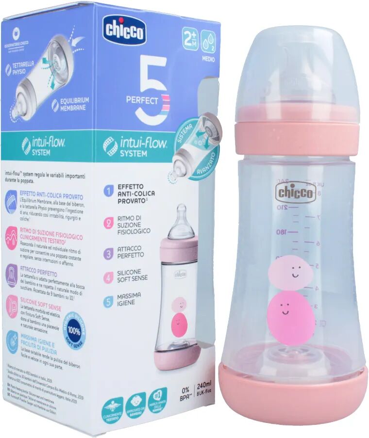 Chicco Biberon Perfect 5 +2 m Flusso Medio In Silicone Girl 240 ml