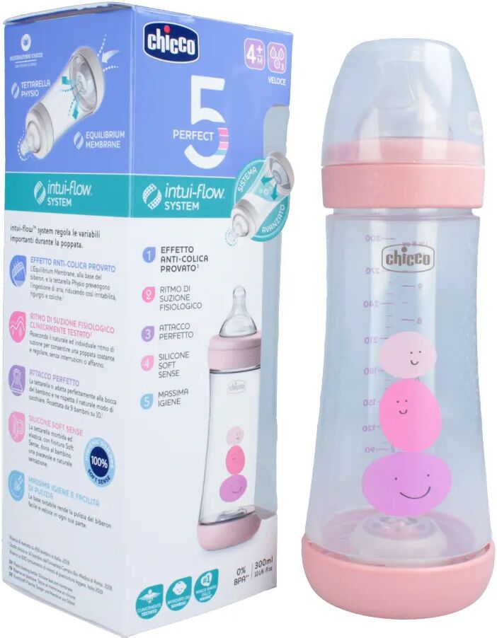 Chicco Biberon Perfect 5 Flusso Veloce In Silicone Girl +4 Mesi 300 ml