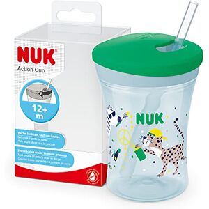 NUK Action beker voor kinderen, 12 maanden en ouder, zacht rietje met vlechtsluiting, lekvrij en wasbaar, BPA-vrij, 230 ml, luipaardgroen