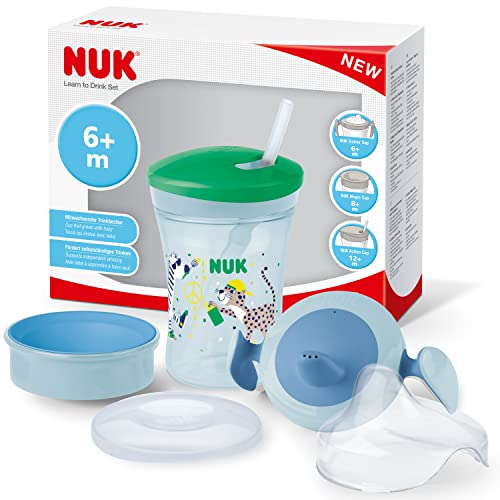 NUK Magic Cup 3-in-1 drinkset met Trainer Cup snavelbeker (6+ maanden), 360° drinkbeker (8+ M) & Action Cup drinkfles voor kinderen (12+ M)   230 ml   BPA-vrij   groene luipaard