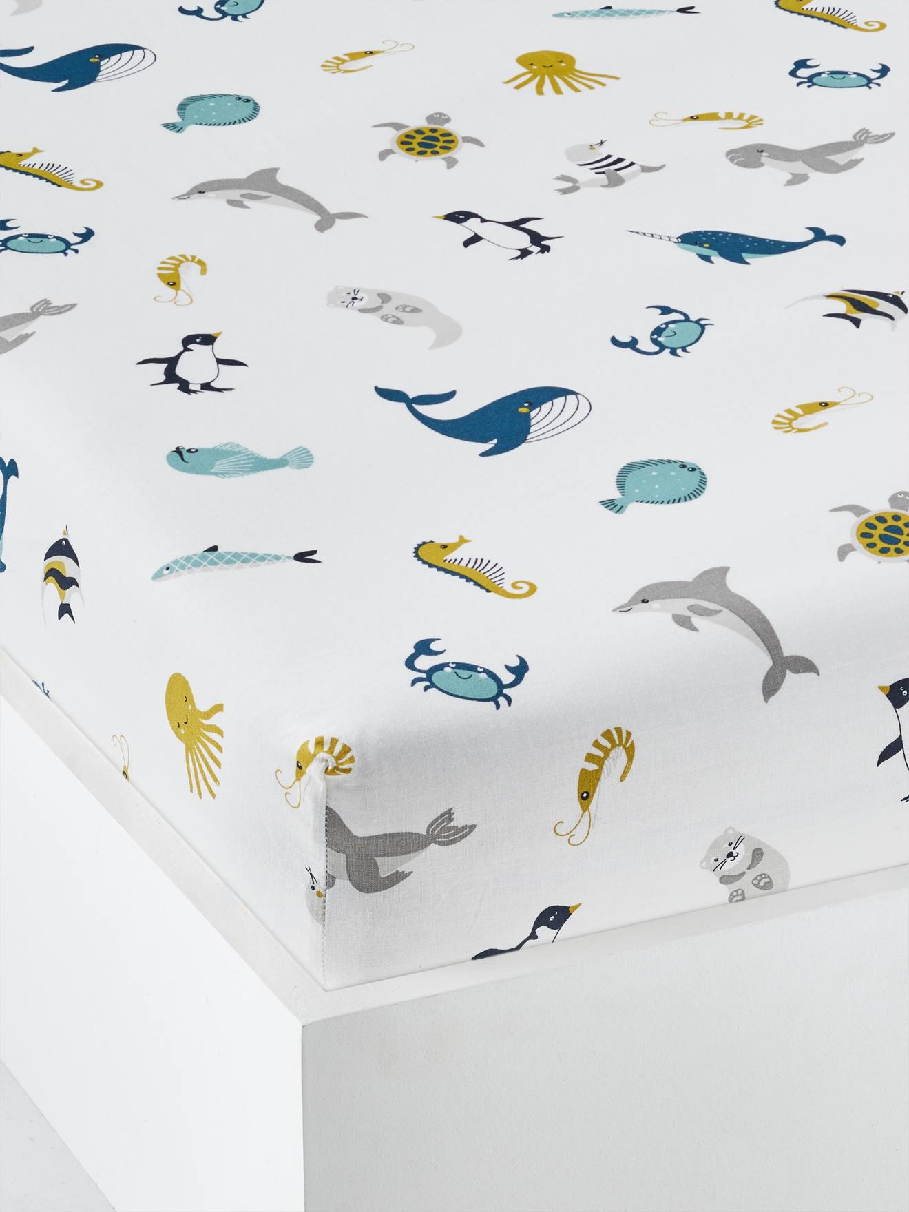 VERTBAUDET Lençol-capa para criança, tema Abecedário de animais marinhos branco claro estampado