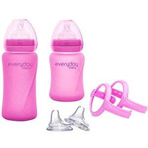 30817 0298 01 Everyday Baby Glass Baby Bottles Growing Set, From 0 Months, 2 Glass Bottles with Heat Sensor (150 and 240 ml), 2 Drinking Spouts, 2 Easy Grip Drinking Learner Handles, Pink, 6 Pieces, 30 817 0298 01