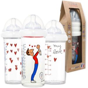 Le Biberon Français Set of 3 Premium Anti-Colic Bottles - 360ml, 210ml Wide-Neck Bottles - 3 Flow Silicone Nipples, 0-6 Months and Beyond - Newborn Girl Mixed Feeding - BPA BPS BPF Free