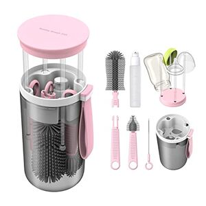 Gecic 6 in 1 Baby Bottle Brush Set, Bottle Cleaner Set with Silicone Bottle Brush, Nipple Brush, Straw Cleaning Brush, Soap Dispenser, Baby Bottle Drying Rack for Travel and Home (Pink)
