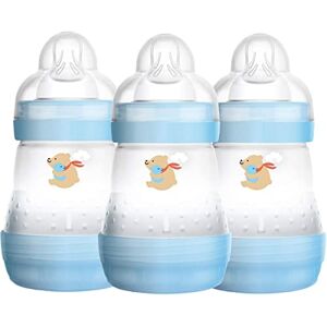 Fb0403b MAM Easy Start Self Sterilising Anti-Colic Baby Bottle 3 Pack (3 x160 ml) with Slow Flow MAM Teats Size 1, Newborn Essentials, Blue (Designs May Vary)