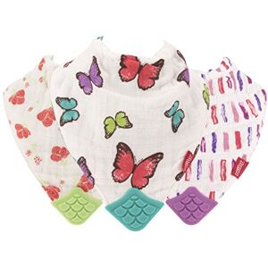 Nuby Reversible 100% Natural Cotton Muslin 3 Piece Teething Bib, Pink, Aqua, Purple, Flower, Butterfly, Stripes, Girl, 3 Count