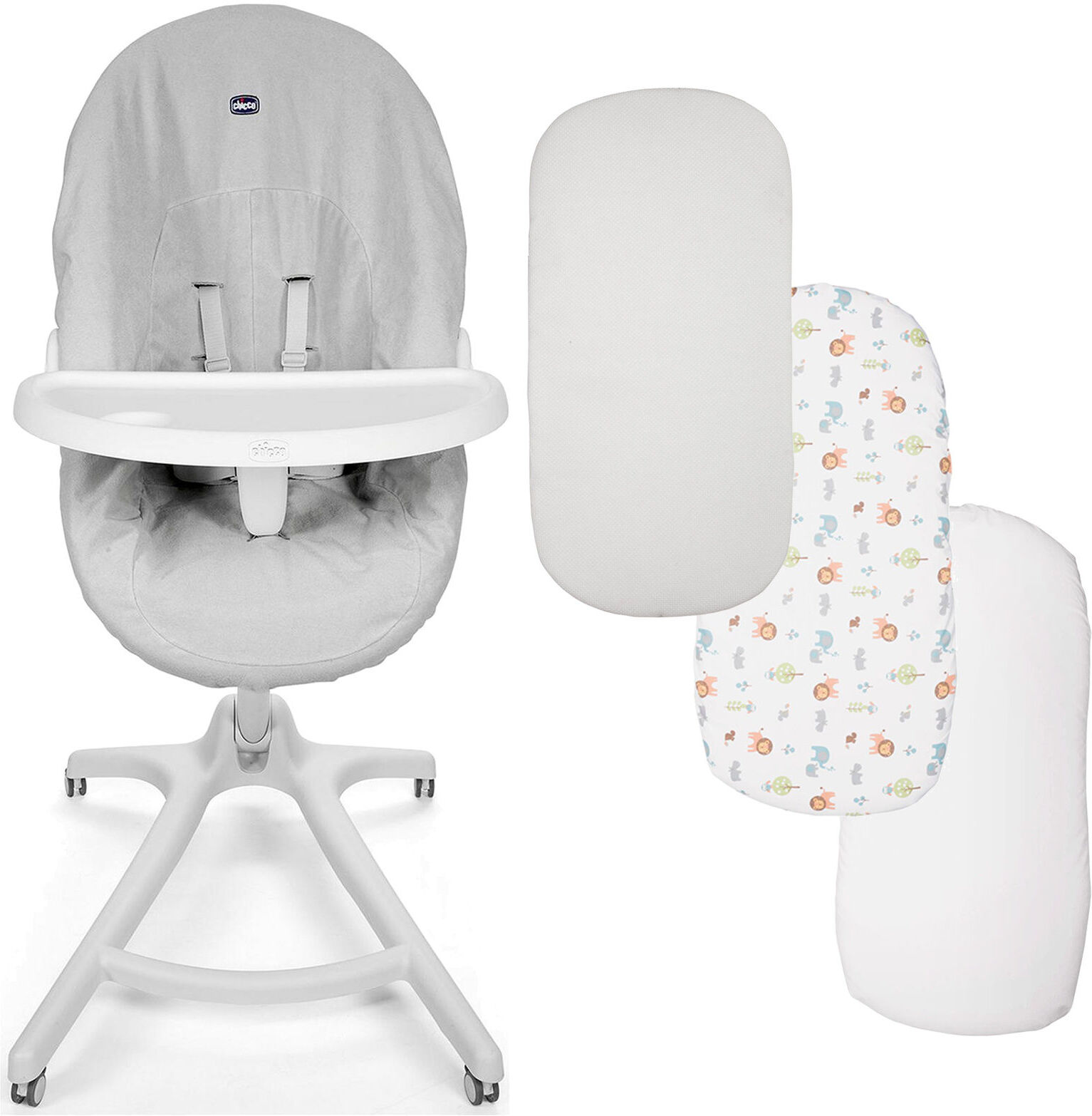 Chicco Baby Hug Meal Time Kit 4 Piece Crib Set Bundle - White / Little Animals