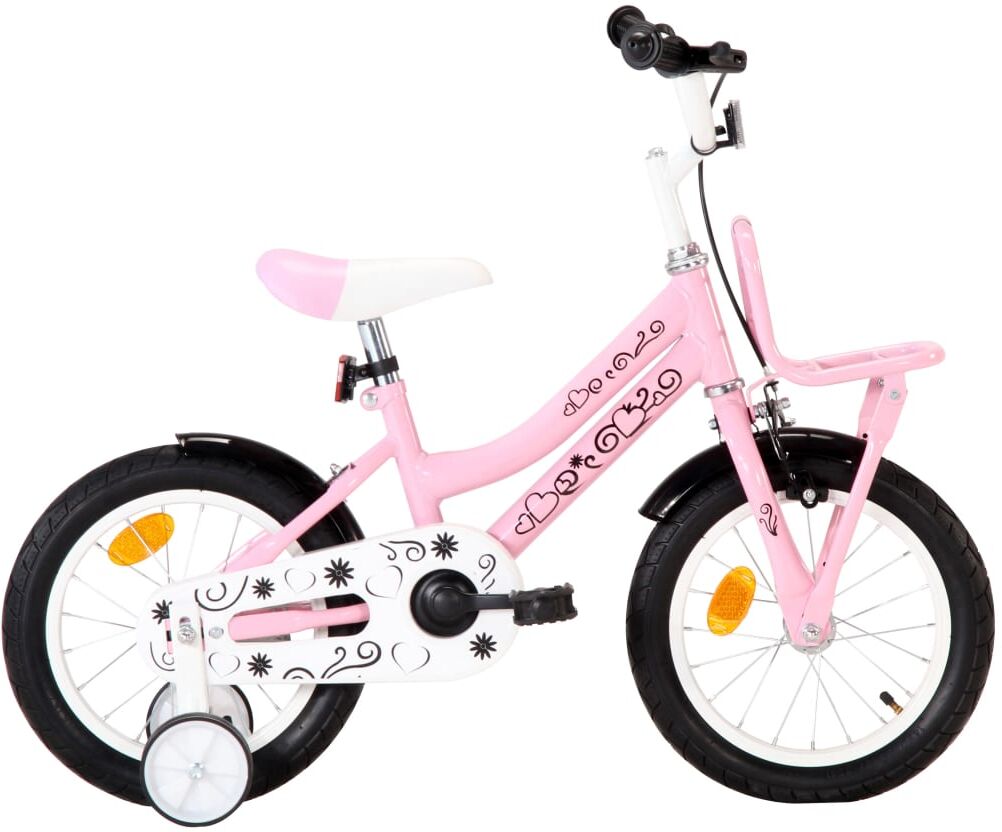 vidaXL Bicicleta niños y portaequipajes delantero 14" blanca y rosa