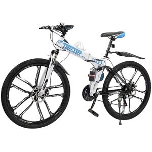 GMSLuu VTT Pliant 26" avec Double Cadre d'absorption des Chocs Vélo Pliant Freins à Disque vélos entièrement Suspendus pour garçons Filles Femmes et Hommes Bleu + Blanc - Publicité