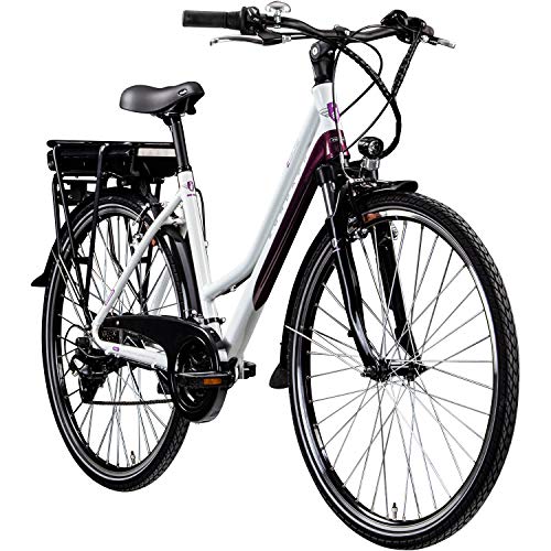 Zündapp E-Bike 700c Trekkingfiets voor dames, Pedelec Z802, elektrische fiets, 21 versnellingen, 28 inch wielen (wit/paars 48 cm)