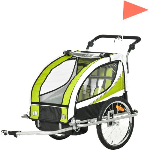 HOMCOM Kinderanhänger Kinder Anhänger Fahrradanhänger für 2 Kinder mit Regenschutz atmungsaktiv Grün+Schwarz 155 x 88 x 108 cm