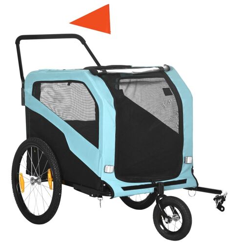 PawHut Hundeanhänger mit Schiebegriff und Fahne blau 170L x 77B x 90H cm   fahrradhundeanhänger fahrradanhänger hundeanhänger