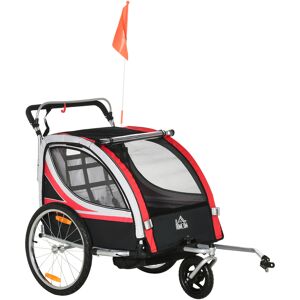 HOMCOM Remorque vélo pour enfant 2 en 1 convertible jogger poussette capacité 26,4 kg avec réflecteurs et drapeau - 2 places  - rouge