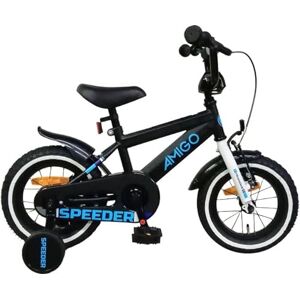 AMIGO Speeder Vélo pour enfant 12" avec frein à main, rétropédalage, rembourrage de guidon et roues stabilisatrices – à partir de 3–4 ans – Noir/bleu - Publicité