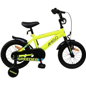 AMIGO Speeder Vélo pour enfant 14" avec frein à main, rétropédalage, rembourrage guidon et roues stabilisatrices – à partir de 4–5 ans – Jaune/noir - Publicité