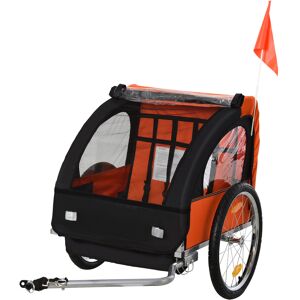 Homcom Rimorchio Bici Bambini con 2 Posti, 2 Cinture di Sicurezza, Telaio in Acciaio e Copertura in Tessuto Oxford Arancione