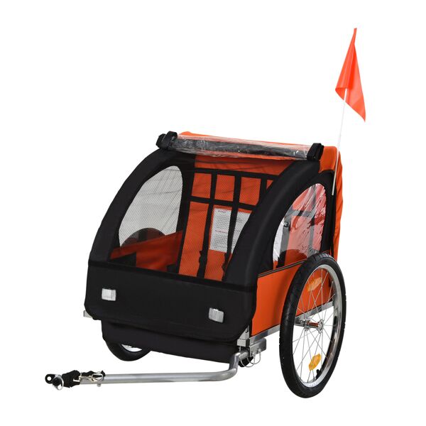 homcom rimorchio bici bambini con 2 posti, 2 cinture di sicurezza, telaio in acciaio e copertura in tessuto oxford arancione