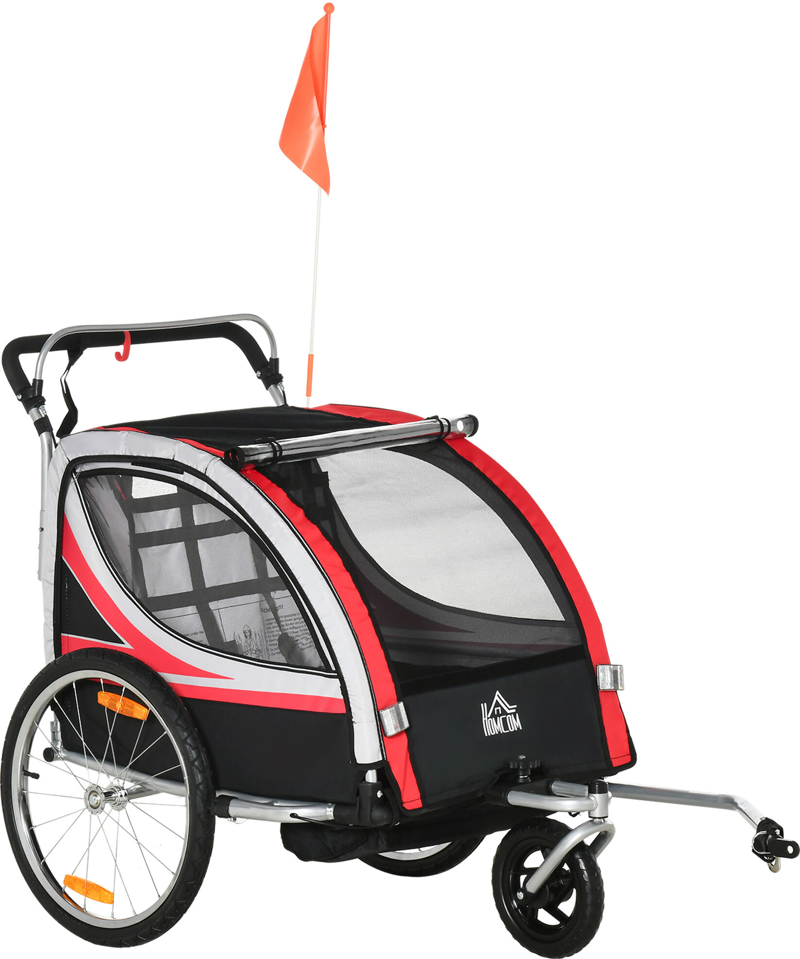 Homcom Rimorchio Bici per Bambini Passeggino, Design 2 in 1 con Freno, Cintura a 5 Punti e Tasche Laterali, 116-142x75x101cm, Multicolore