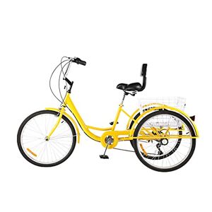 HMFMWYFI Tricycle for Adults, 20in Adult Bicycle 3Wheel+Seat Backrest Adult Tricycle With Shopping Basket Cruise Trike 7 Speed Bicycle For Recreation Shopping Picnics Exercise (Yellow)