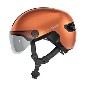 ABUS HUD-Y ACE city helmet - stylish bike helmet with visor and magnetic, rechargeable rear LED light - for men and women - orange, size S