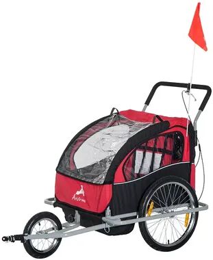 Aosom Elite 2 In 1 Three Wheel Bicycle Cargo Trailer and Jogger for Two Children with 2 Security Harnesses and Storage Blue, Brt Red