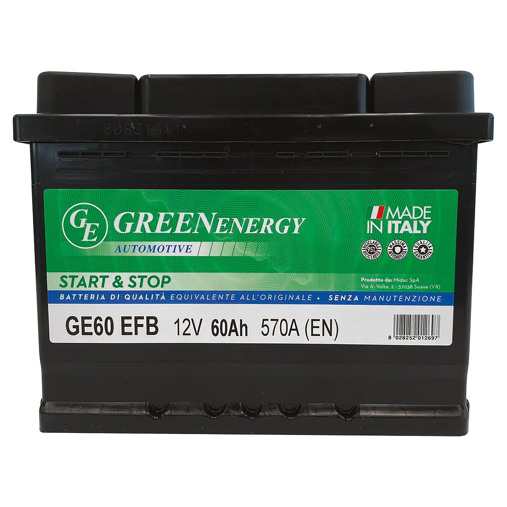 Green Energy BATTERIA AUTO 60 Ah START & STOP EFB GREENENERGY SPUNTO 570 A 242x175x190 mm PESO 15,8 kg