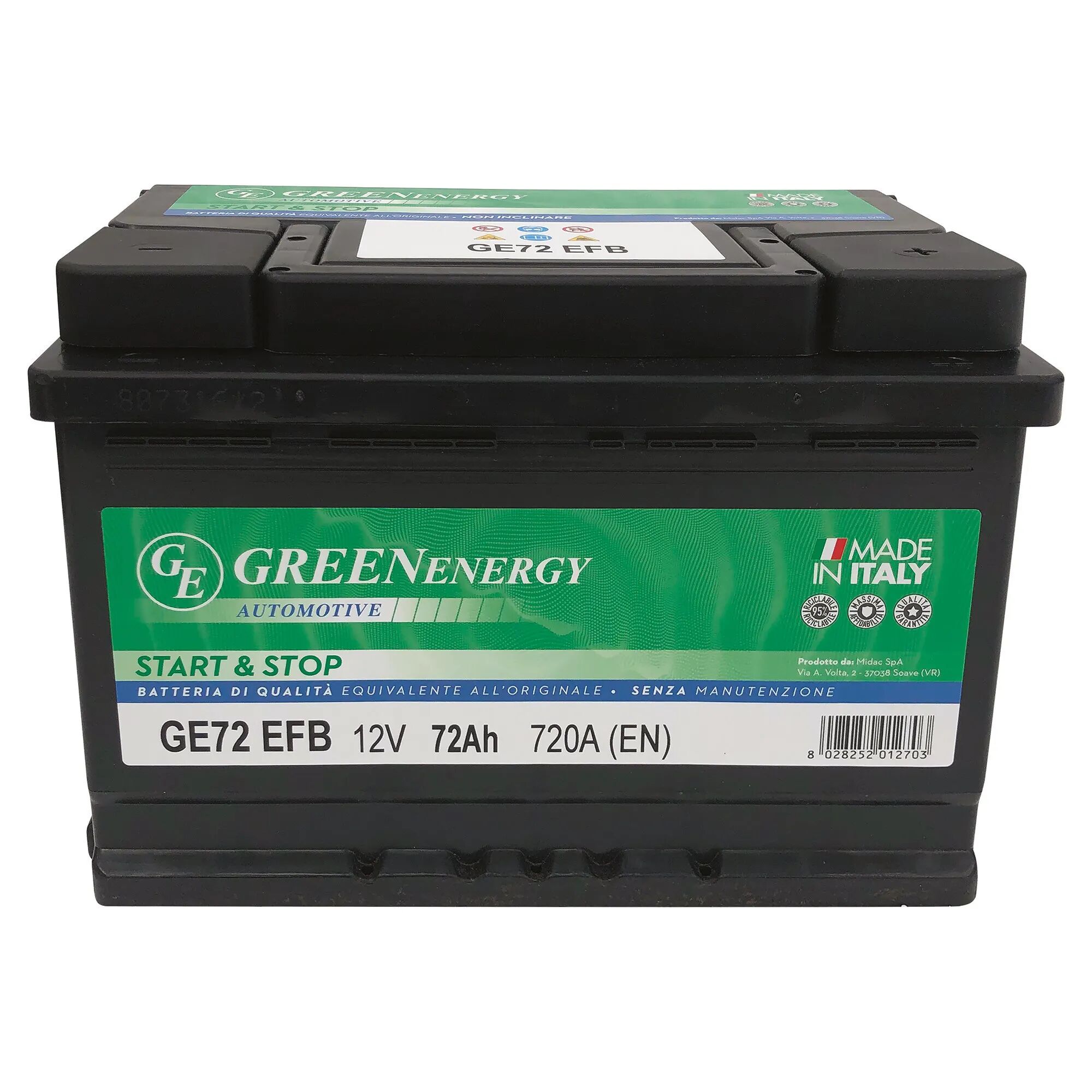 Green Energy BATTERIA AUTO 72 Ah START & STOP EFB GREENENERGY SPUNTO 720 A 275x175x190 mm PESO 17,8 kg