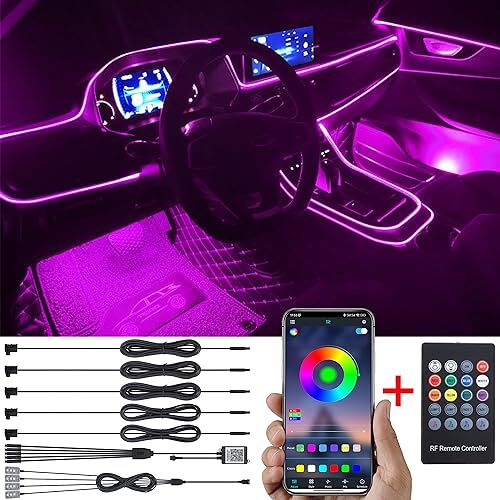 TABEN Auto Sfeerverlichting Kit 6m Fiber Optic 64 Colors RF Remote Controller + APP Control USB Voetenruimteverlichting Sfeerverlichting RGB Meerkleurig Muziek Synchronisatie Auto-interieurverlichting