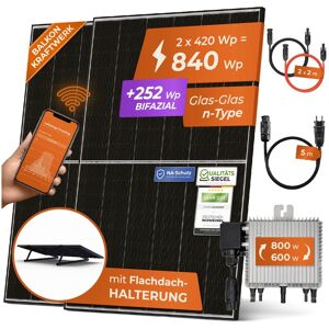 Solarway 840W Balkonkraftwerk 800W Komplett Steckdose - Ausgang einstellbar 600/800W - 2x420W Bifaziale Glas/Glas n-Type JaSolar-Module, Wechselrichter mit APP&WiFi, Plug&Play