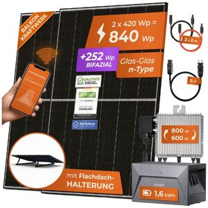 Solarway 840W Balkonkraftwerk 800W Komplett Steckdose mit 1,6kWh Anker Speicher - Ausgang einstellbar 600/800W - 2x420W Bifaziale Glas/Glas Full Black JaSolar-Module, Wechselrichter mit APP&WiFi