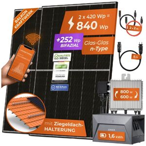 Solarway 840W Balkonkraftwerk 800W Komplett Steckdose mit 1,6kWh Anker Speicher - Ausgang einstellbar 600/800W - 2x420W Bifaziale Glas/Glas n-Type JaSolar-Module, APP&WiFi