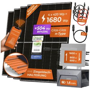 Solarway 1680W Balkonkraftwerk 1600W Komplett mit 1,6kWh Anker Speicher - Ausgang einstellbar 600/800/1600W - 4x420W Bifaziale Glas/Glas n-Type JaSolar-Module, Wechselrichter mit APP&WiFi