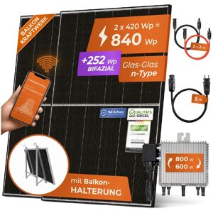 Solarway 840W Balkonkraftwerk 800W Komplett Steckdose - Ausgang einstellbar 600/800W - 2x420W Bifaziale Glas/Glas n-Type JaSolar-Module, Wechselrichter mit APP&WiFi, Plug&Play