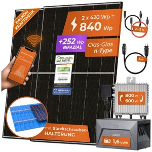 Solarway 840W Balkonkraftwerk 800W Komplett Steckdose mit 1,6kWh Anker Speicher - Ausgang einstellbar 600/800W - 2x420W Bifaziale Glas/Glas n-Type JaSolar-Module, APP&WiFi