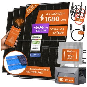 Solarway 1680W Balkonkraftwerk 1600W Komplett mit 1,6kWh Anker Speicher - Ausgang einstellbar 600/800/1600W - 4x420W Bifaziale Glas/Glas n-Type JaSolar-Module, Wechselrichter mit APP&WiFi