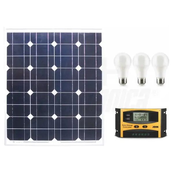 impianto fotovoltaico 50w 12v kit con regolatore di carica e lampade led