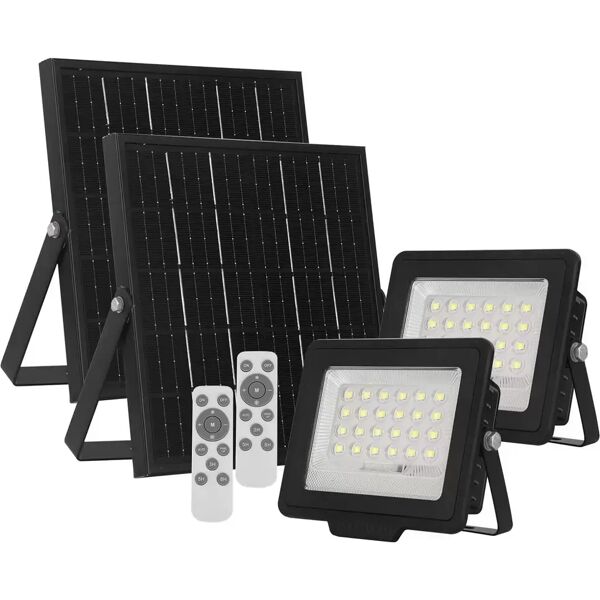 faro led 60w nero con pannello solare ip66 bianco freddo 6500k dimmerabile con telecomando e sensore crepuscolare confezione da 2pz wisdom