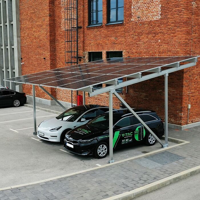 V-Tac Kit Pensilina Fotovoltaica Solare Per 2 Posti Auto Carport Tettoia In Metallo Per Montaggio Pannello Fotovoltaico