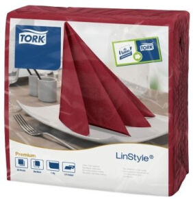 Essity Professional Hygiene Germany GmbH Tork LinStyle ® Dinnerservietten, 39 x 39 cm, 1-lagig, 1/4 Falz, 1 Karton = 12 x 50 = 600 Stück, Farbe: bordeaux