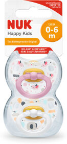 NUK Classic Happy Kids Latex-Schnuller, Latex-Babysauger mit kiefergerechter Form, 1 Packung = 2 Stück, Größe: 1 (0-6 Monate), farbig sortiert