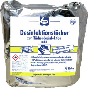 Dr. Becher GmbH Dr. Becher Desinfektionstücher zur Flächendesinfektion, Gebrauchsfertiger Desinfektionsreiniger mit optimaler Wiirkstoffabgabe, 1 Nachfüllpackung = 2 x 70 Tücher