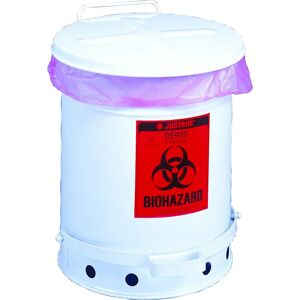 Justrite Stahlblech-Sicherheits-Entsorgungsbehälter für biogefährliche Abfälle, BIOHAZARD-Aufkleber, Volumen 34 l, mit Pedal, weiß