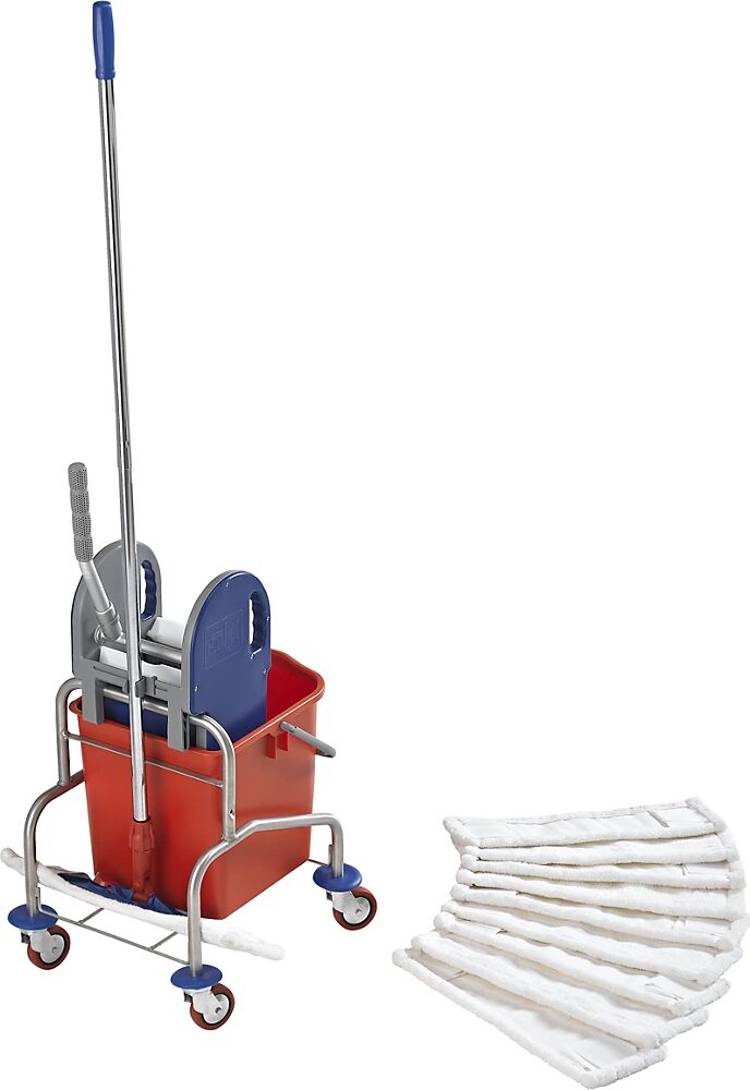 EUROKRAFTpro Edelstahl-Reinigungswagen-Set Set mit 25-l-Eimer mit Mopppresse Metallrollen und Mopp