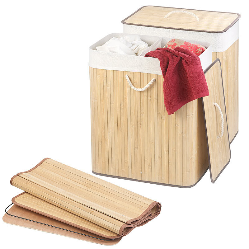 infactory 2er-Set Faltbare Bambus-Wäschekörbe mit Deckel und Wäschesack, natur