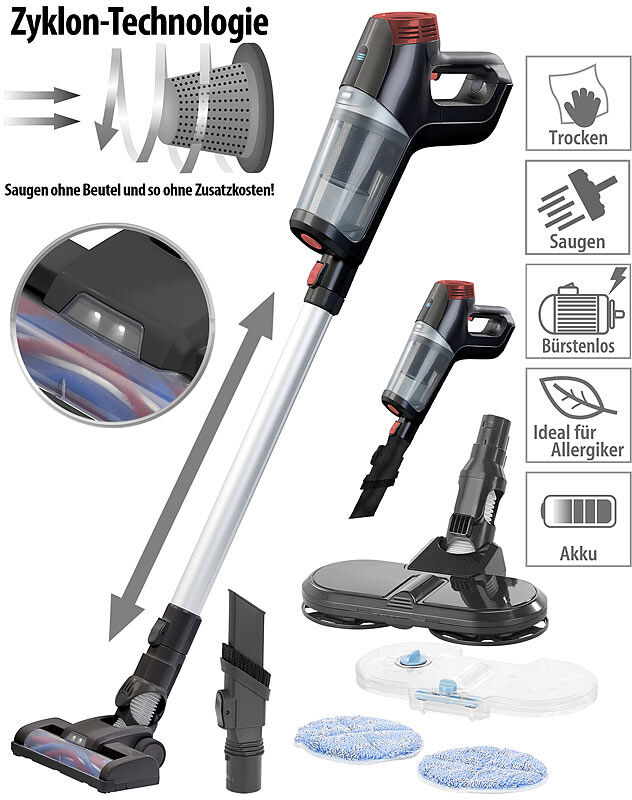 Sichler Haushaltsgeräte 3in1-Zyklon-Hand- & Bodensauger mit Wisch-Aufsatz, 20 kPa, HEPA-Filter