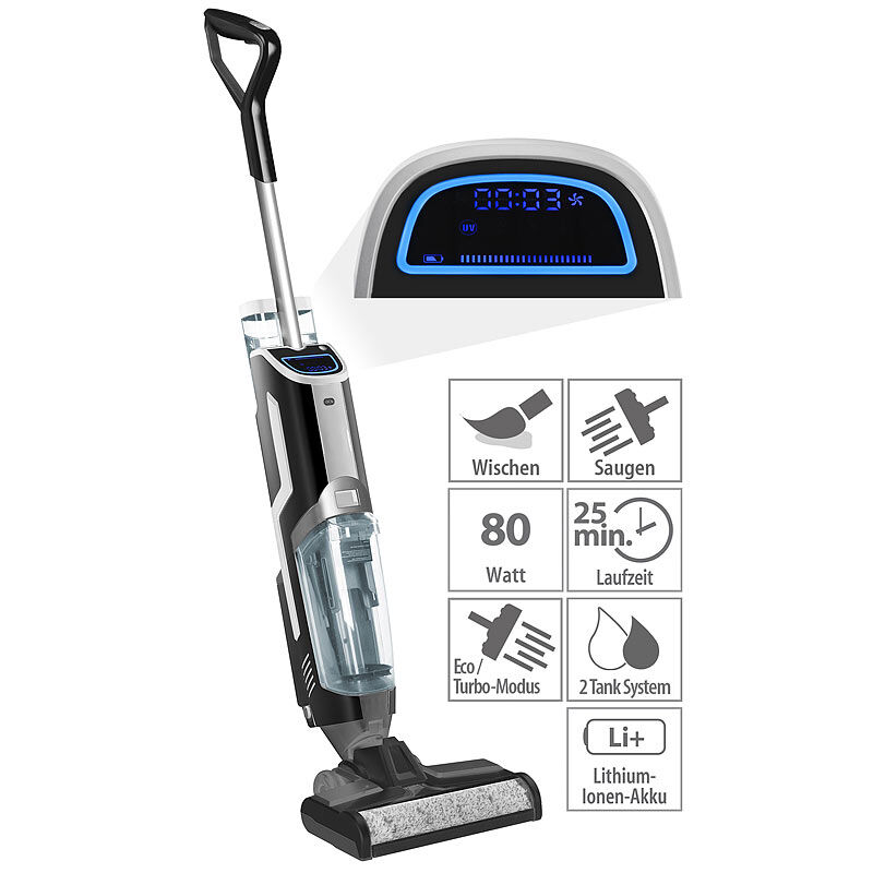 Sichler Haushaltsgeräte 3in1-Boden-Wasch-Sauger mit Akku, Nass & Trocken, UV-C-Reinigung, 80 W